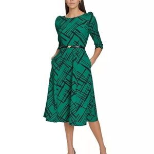 Calvin Klein Belted A Line Midi Dress 3/4 Sleeve Scoop Work Dress